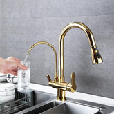 HUAHUALALA Kitchen Sink Faucet with Pull Down Sprayer 2 Handle 3 in 1 Water Filter Purifier Faucets, Brass Drinking Water Faucet Reverse Osmosis Gold